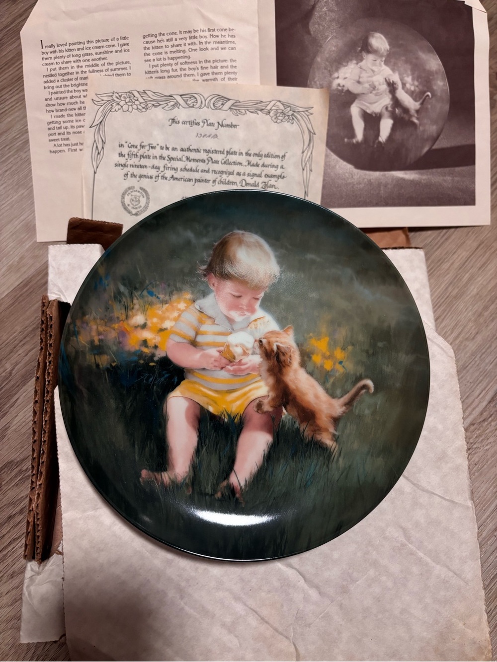 Collector Decorative Plate with Child and Kitten Motif - Yellow & Green